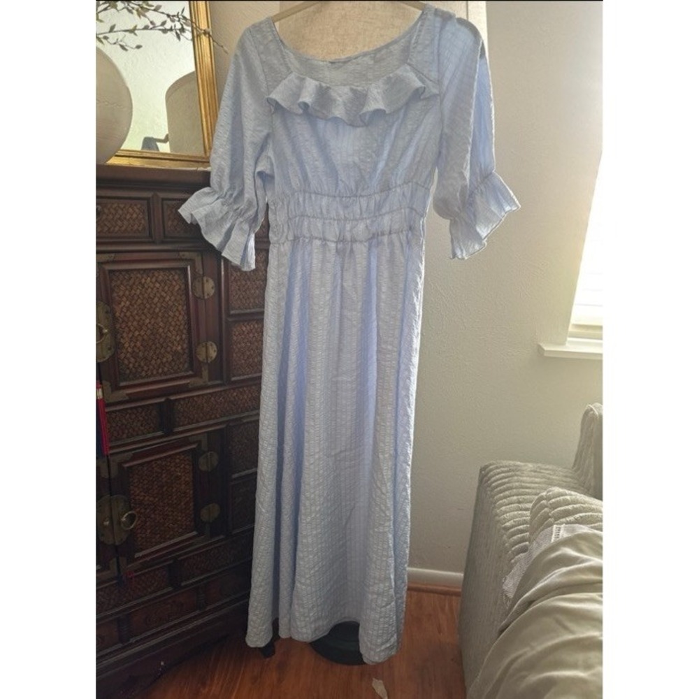 VTG Peasant Blue Prairie Dress Long Maxi Short Sleeve Embroidered Size M/L - Picture 9 of 16